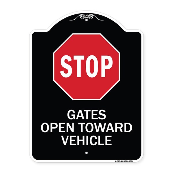 Designer Series-Stop Gates Open Toward Vehicle Black & White Alum, 24" x 18", BW-1824-9884